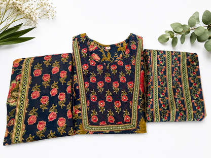 Navy Blue Floral Print Cotton Kurta Pant Dupatta Set