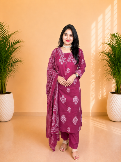Wine Pink Cotton Straight Cut Suit Set