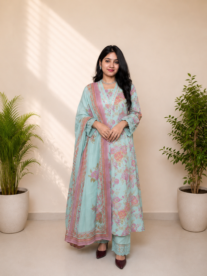Pista Green Floral Printed Pure Cotton Suit Set