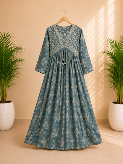 Dusty Blue Gathered Frock Style Suit Set