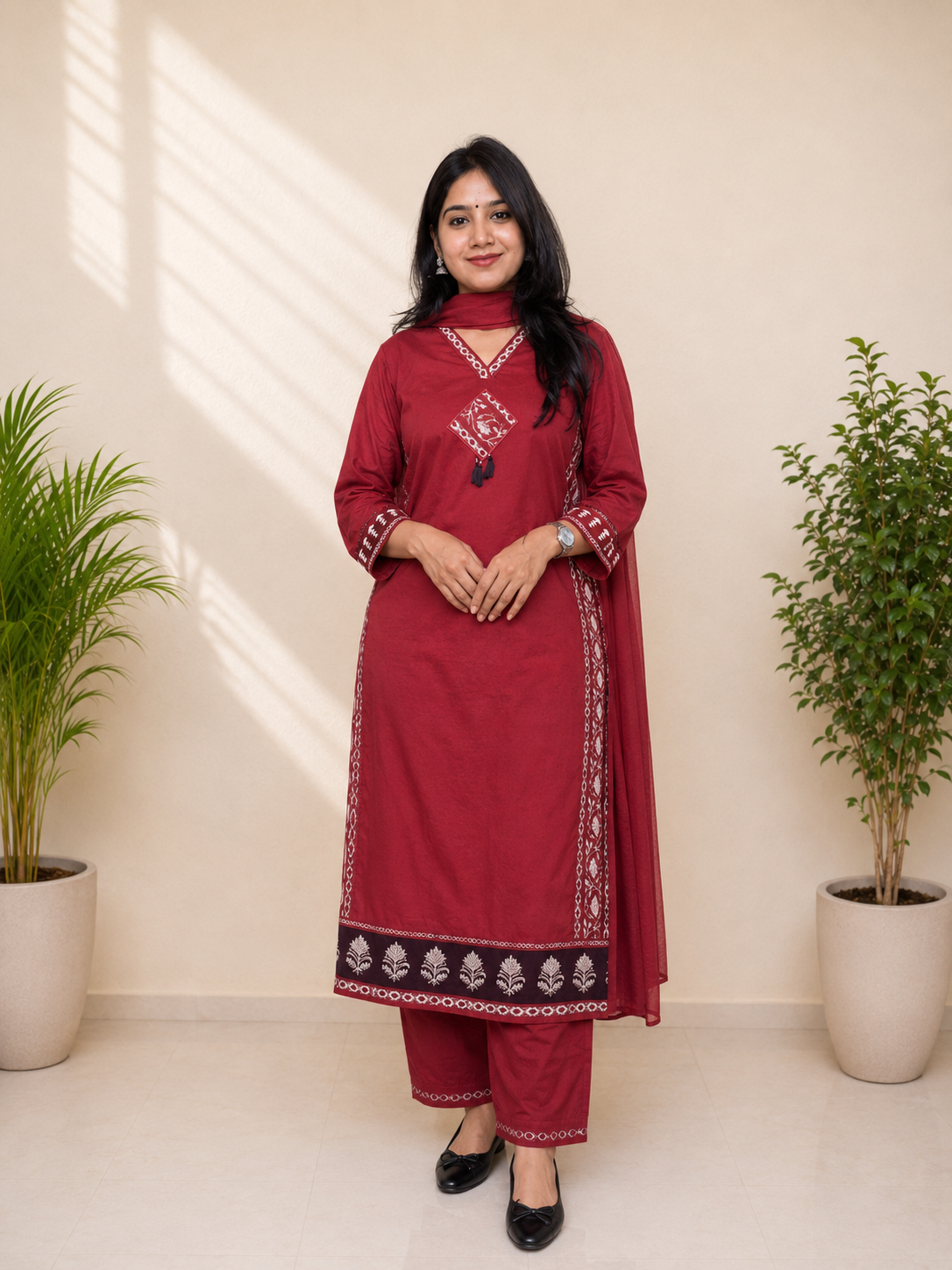 Maroon Cotton Kurta 3 Pcs Set