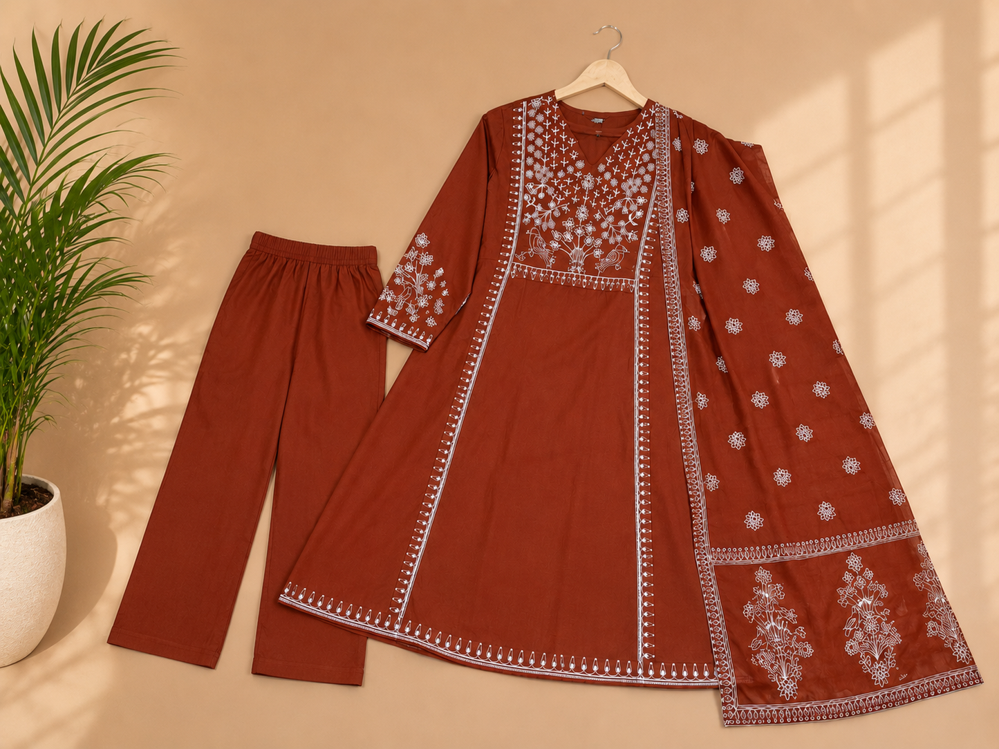 Rust Elegance Embroidered A-Line Suit Set