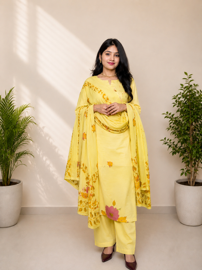 Lemon Yellow Floral Print Pure Cotton Suit Set With Dupatta