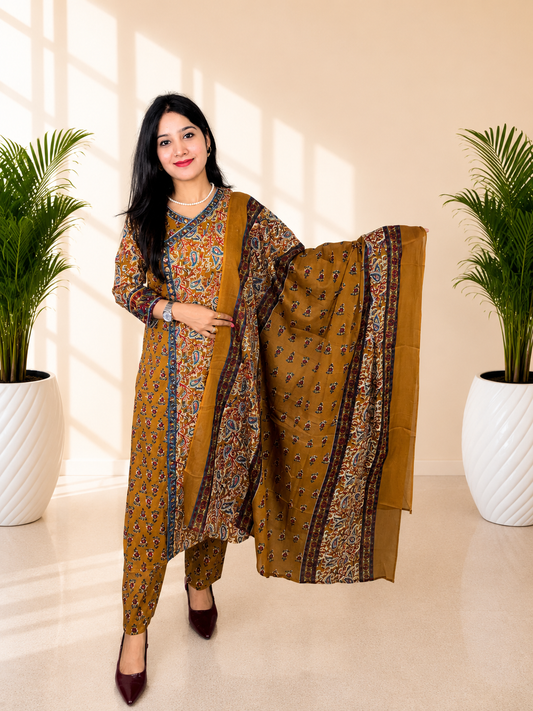 Premium Mustard Ajrakh Print Angrakha Style Cotton 3 Piece Suit Set