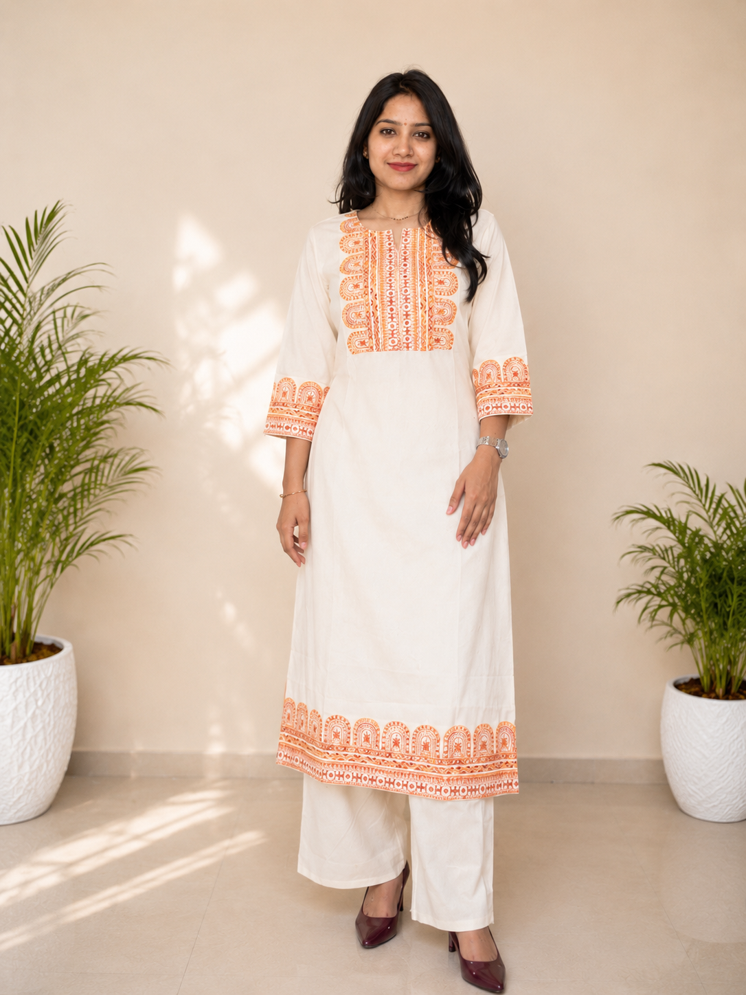Off White Embroidered Khadi Cotton Kurta Suit Set
