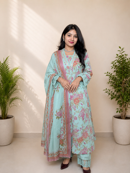 Pista Green Floral Printed Pure Cotton Suit Set