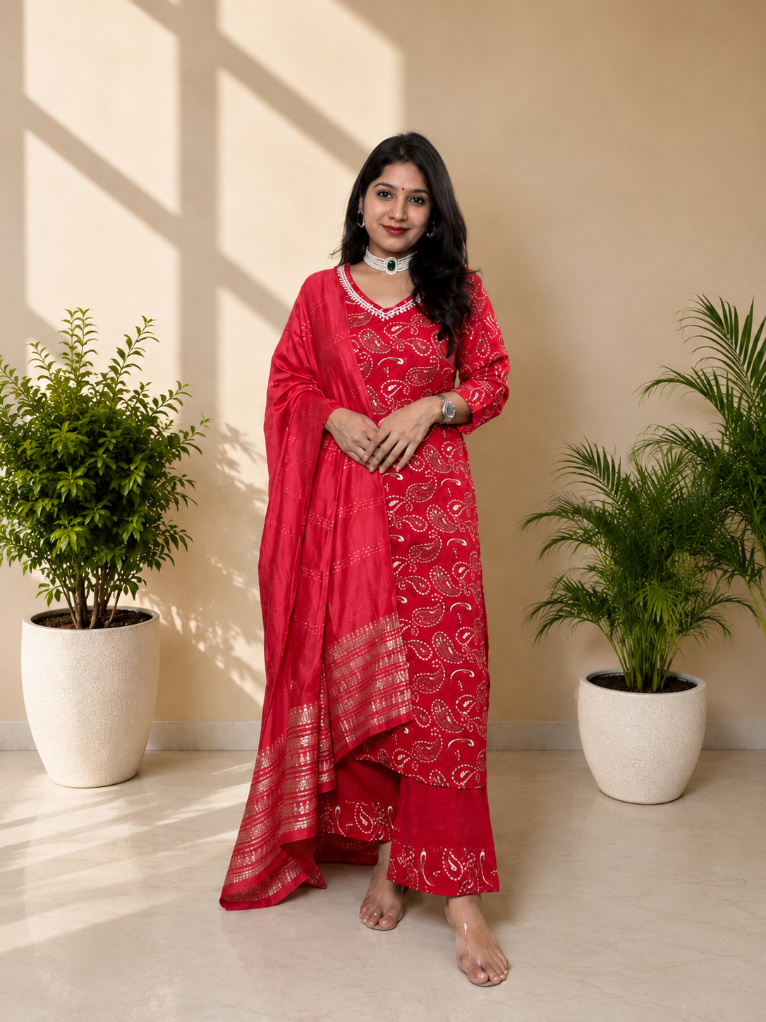 Red Bandhani Print Pure Cotton Suit Set With Dupatta