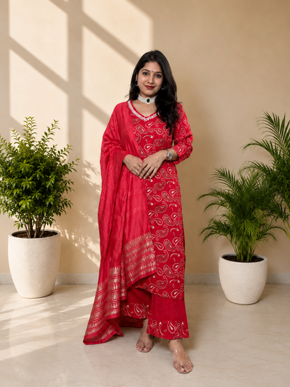 Red Bandhani Print Pure Cotton Suit Set With Dupatta