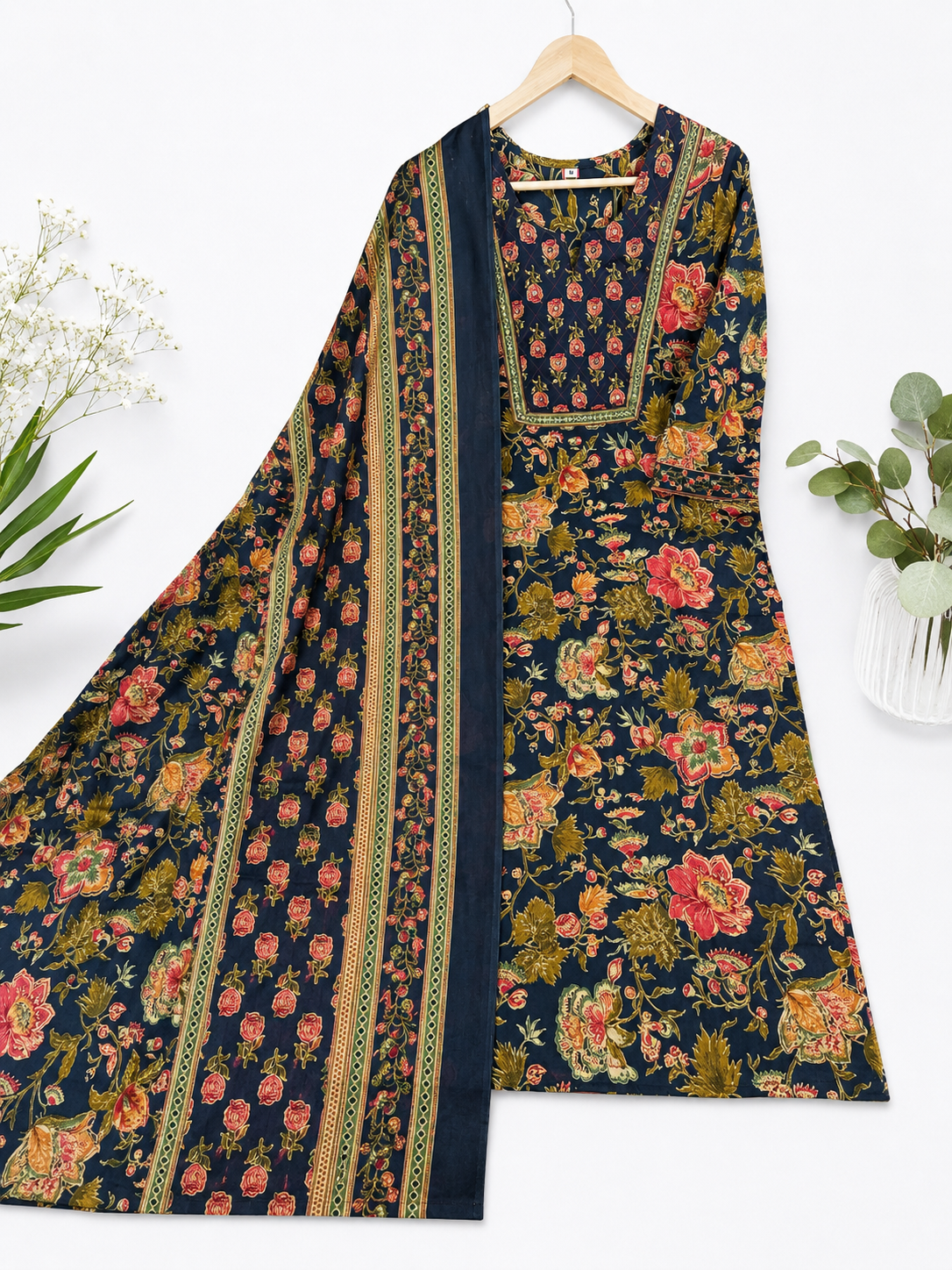 Navy Blue Floral Print Cotton Kurta Pant Dupatta Set