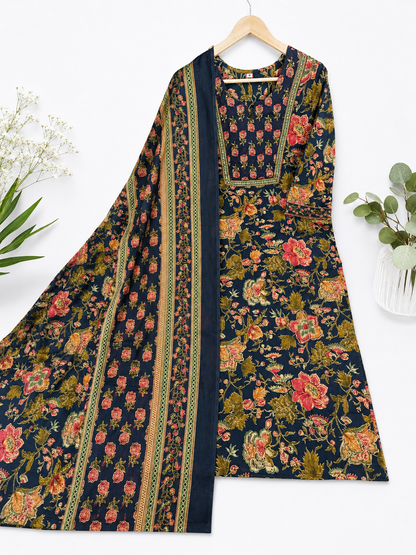 Navy Blue Floral Print Cotton Kurta Pant Dupatta Set