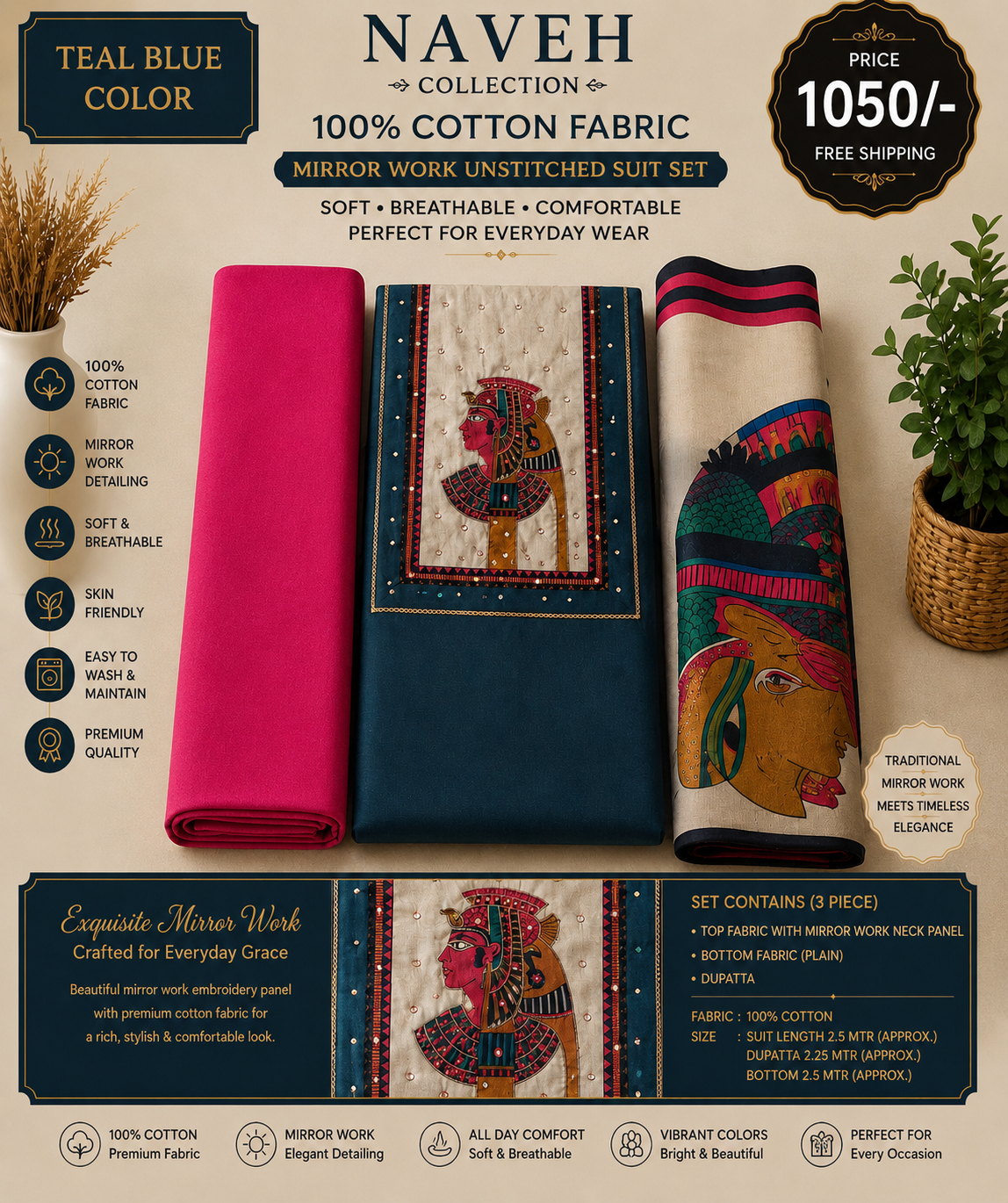 Premium Grace Cotton Mirror Work Suit Set
