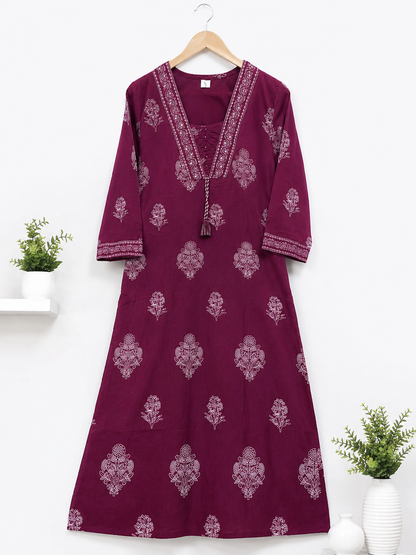 Wine Pink Cotton Straight Cut Suit Set