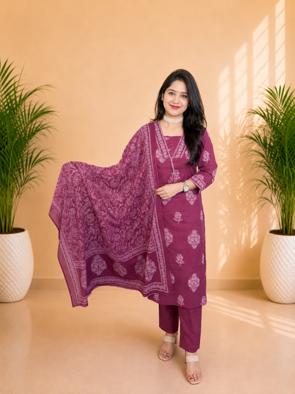 Wine Pink Cotton Straight Cut Suit Set