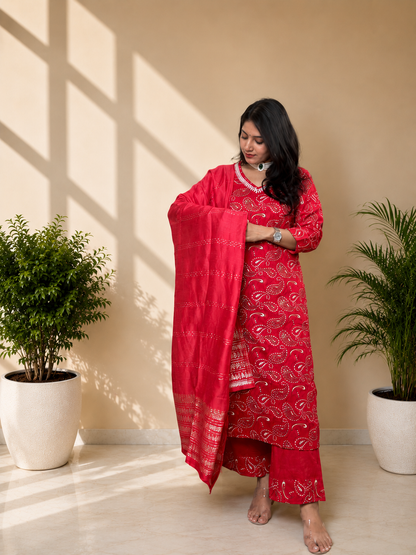 Red Bandhani Print Pure Cotton Suit Set With Dupatta
