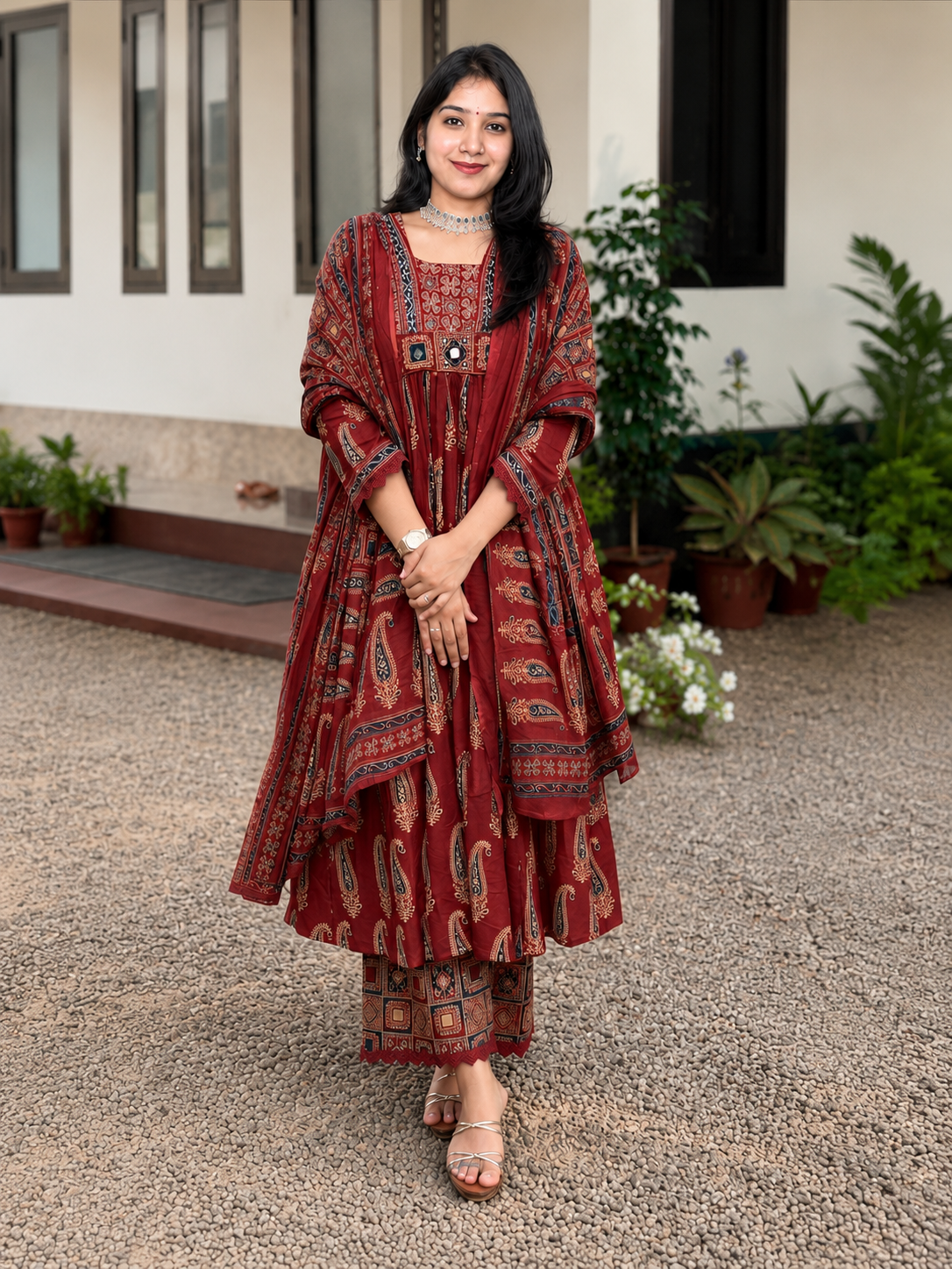 Maroon Ajrakh Printed Cotton Suit Set