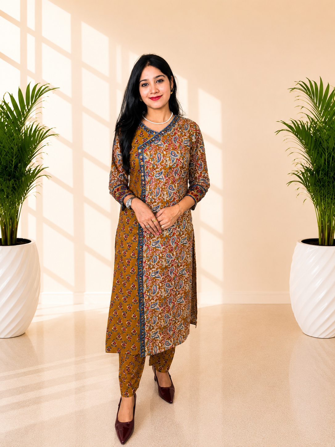 Premium Mustard Ajrakh Print Angrakha Style Cotton 3 Piece Suit Set