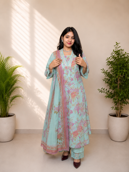 Pista Green Floral Printed Pure Cotton Suit Set