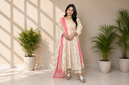 Cream Floral Front Cut Anarkali Set with Pink Dupatta