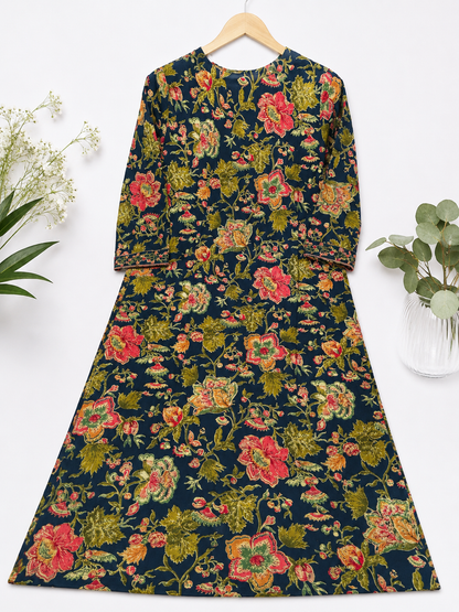 Navy Blue Floral Print Cotton Kurta Pant Dupatta Set