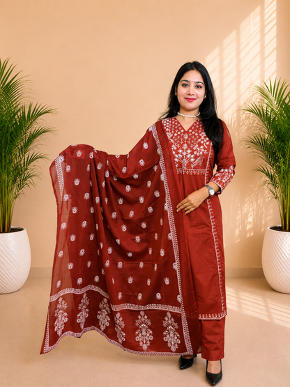 Rust Elegance Embroidered A-Line Suit Set