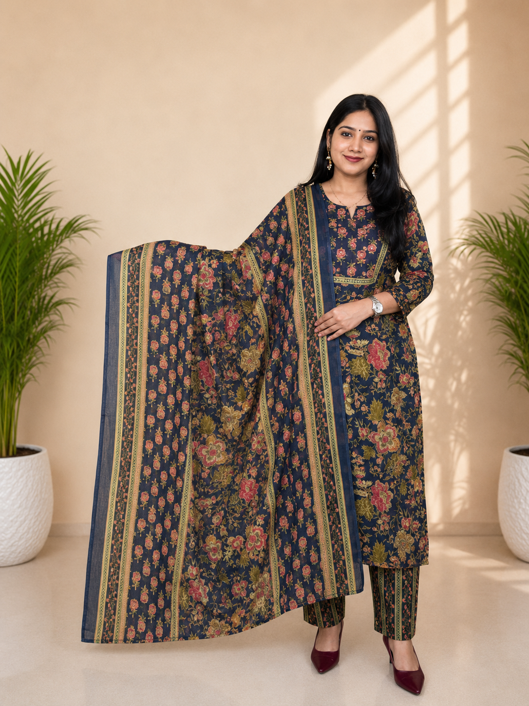 Navy Blue Floral Print Cotton Kurta Pant Dupatta Set