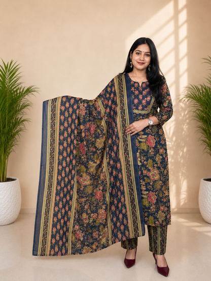 Navy Blue Floral Print Cotton Kurta Pant Dupatta Set