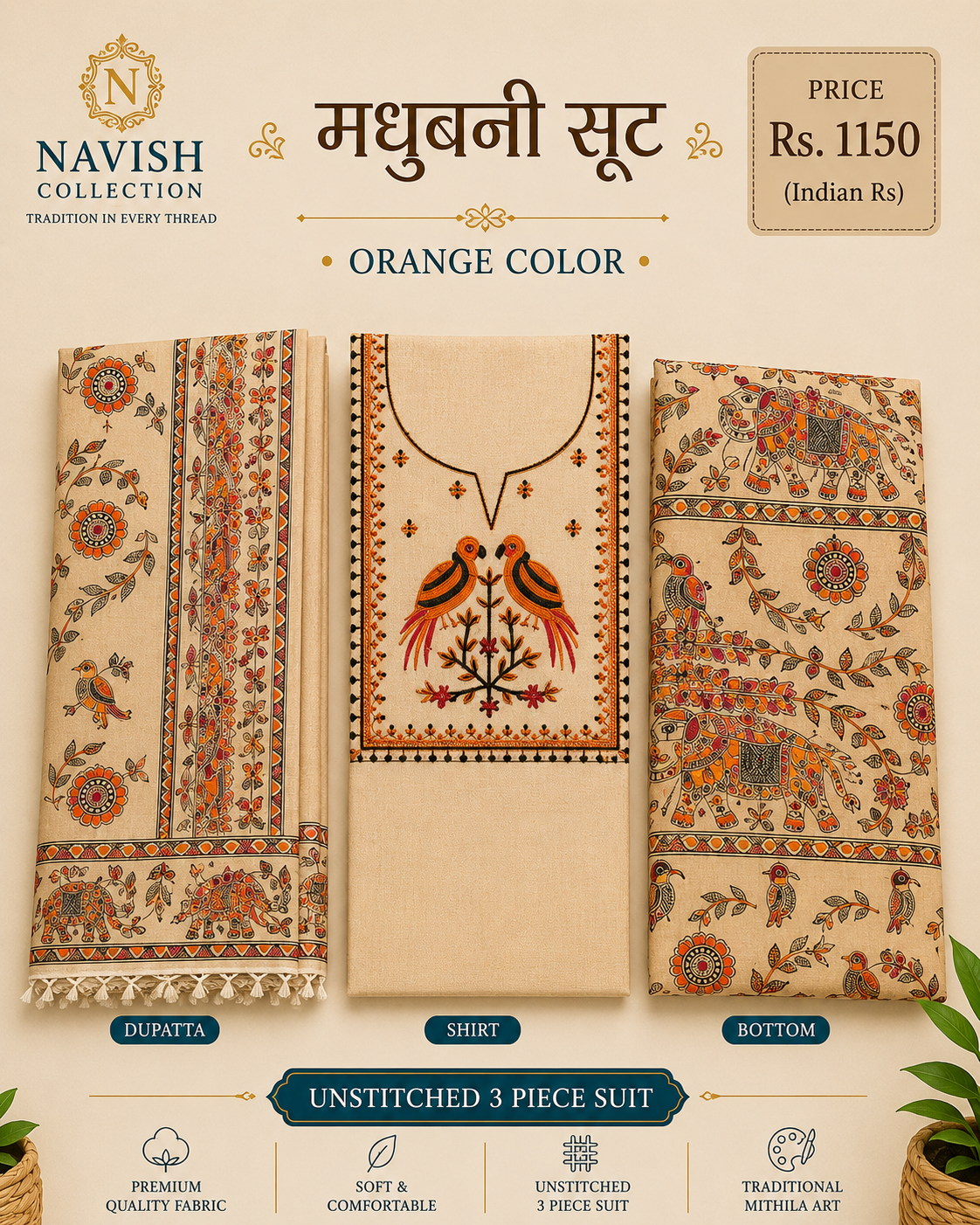 Navish Collection Madhubani Embroidered Cotton Linen Unstitched Suit Set (3 Piece)