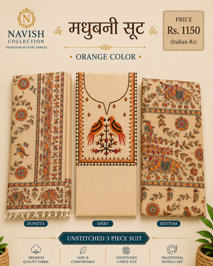 Navish Collection Madhubani Embroidered Cotton Linen Unstitched Suit Set (3 Piece)