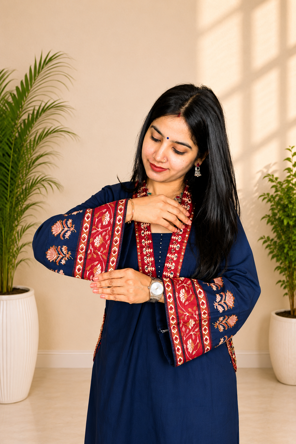 Navy Blue Designer Cotton Kurti Pant Dupatta Set for Women