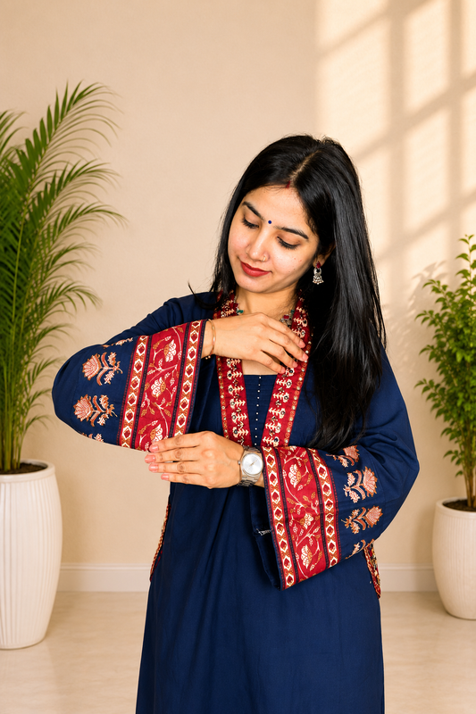 Navy Blue Designer Cotton Kurti Pant Dupatta Set for Women