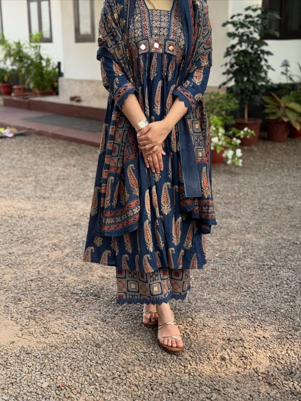 Navy Blue Ajrakh Printed Cotton Suit Set