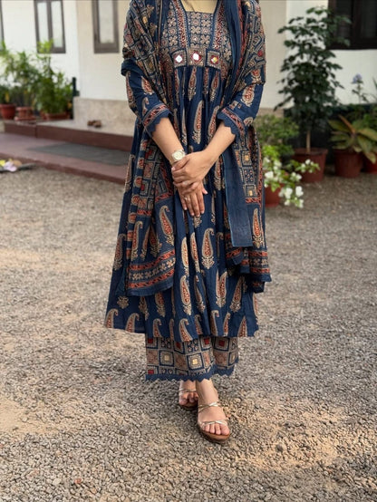 Navy Blue Ajrakh Printed Cotton Suit Set
