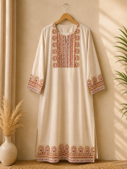 Off White Embroidered Khadi Cotton Kurta Suit Set