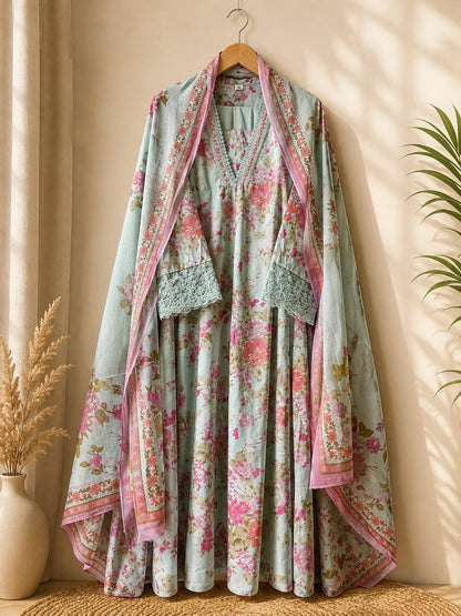Pista Green Floral Printed Pure Cotton Suit Set