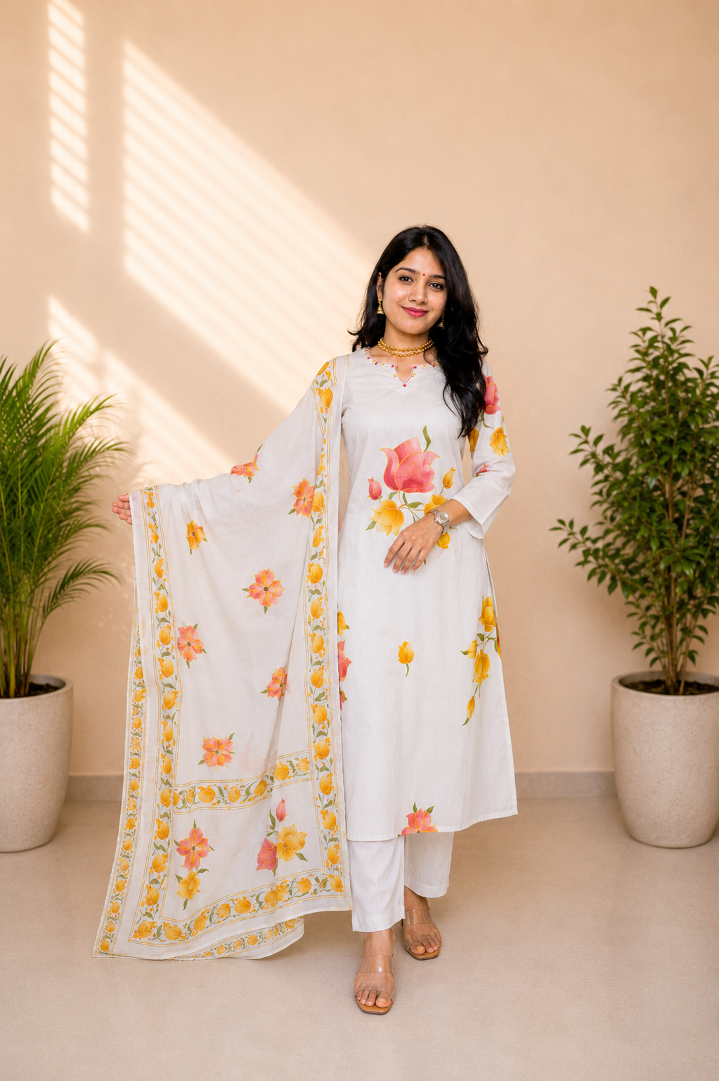 Grey Floral Cotton Suit Set with Dupatta