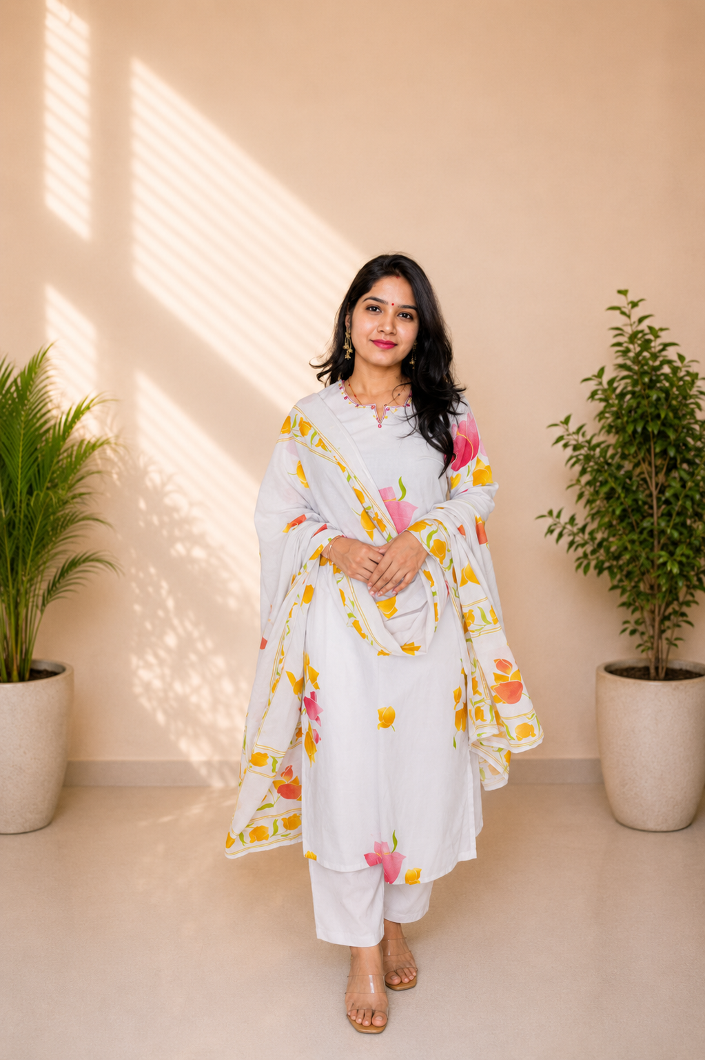 Grey Floral Cotton Suit Set with Dupatta