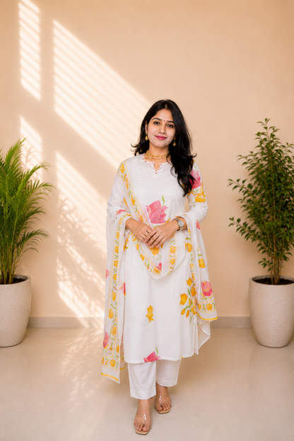 Grey Floral Cotton Suit Set with Dupatta