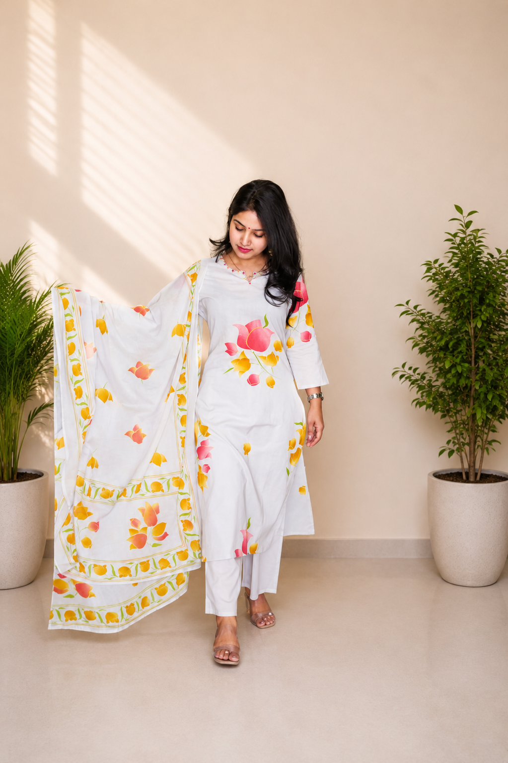 Grey Floral Cotton Suit Set with Dupatta