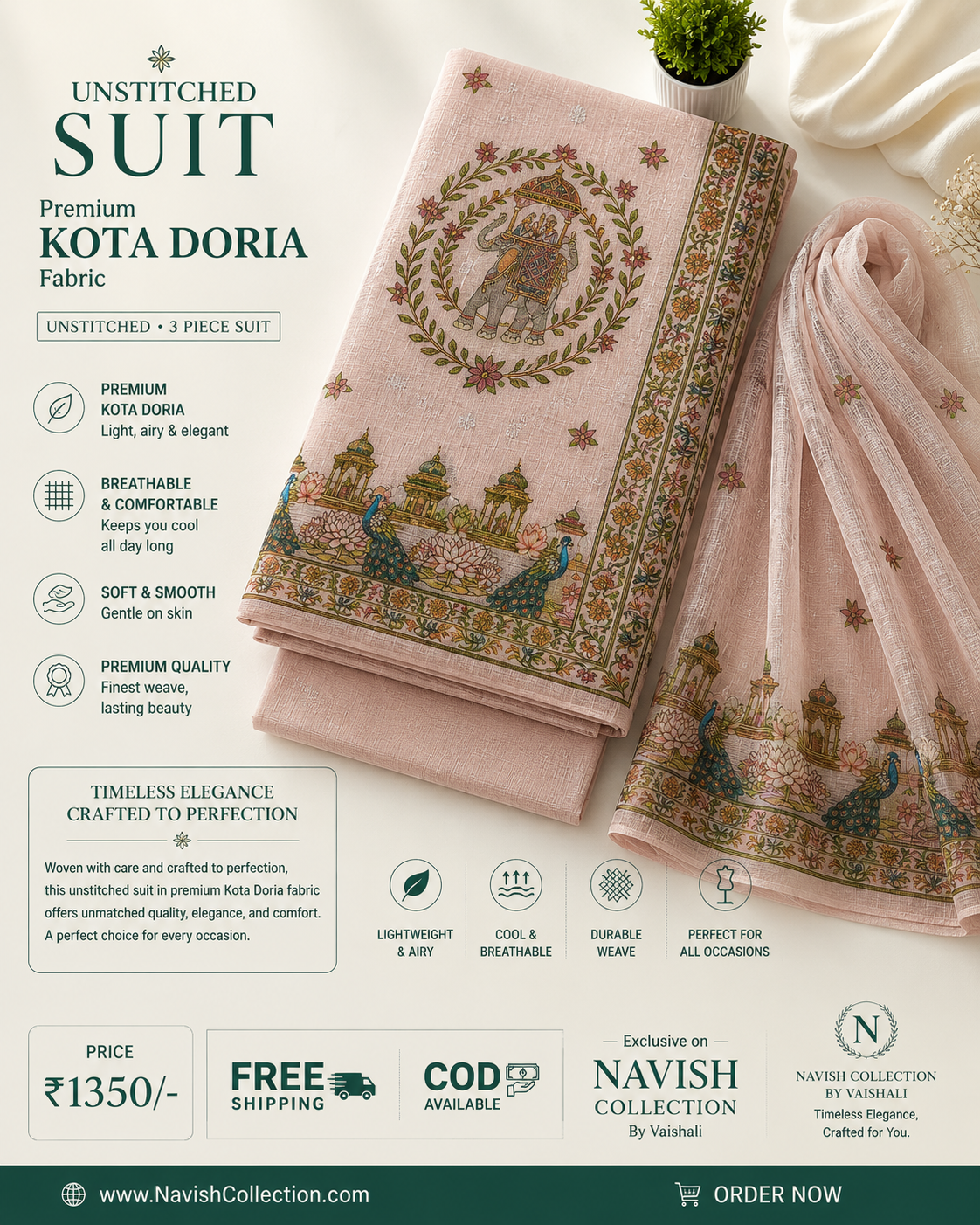 Royal Rajwadi Peacock Collection – Premium Kota Doria Printed Unstitched Suit Set