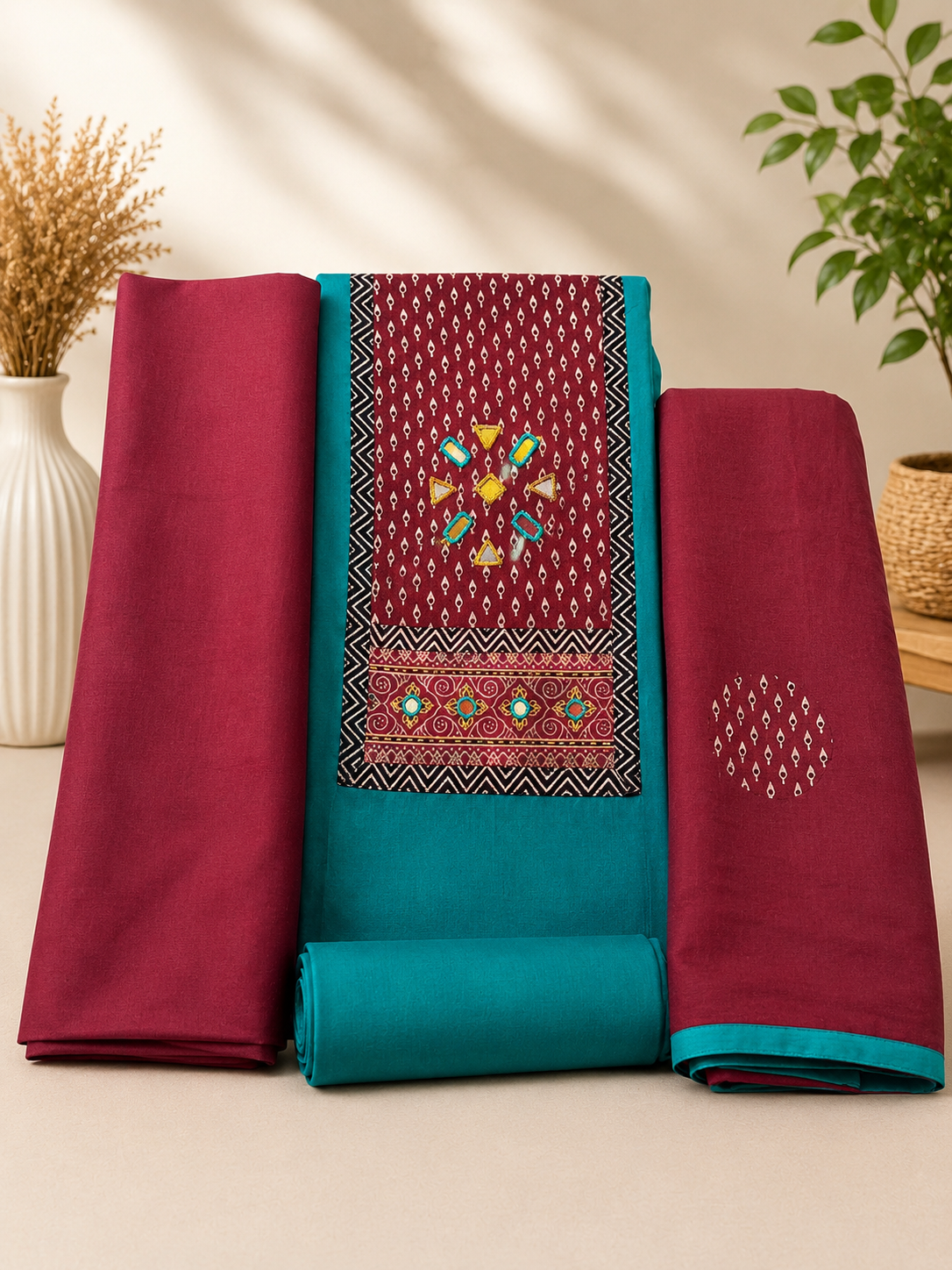 100% Cotton Mirror Work Unstitched Suit Set | Premium Cotton Dress Material with Dupatta | Available in 4 Colors