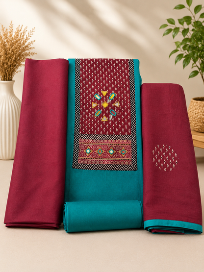 100% Cotton Mirror Work Unstitched Suit Set | Premium Cotton Dress Material with Dupatta | Available in 4 Colors