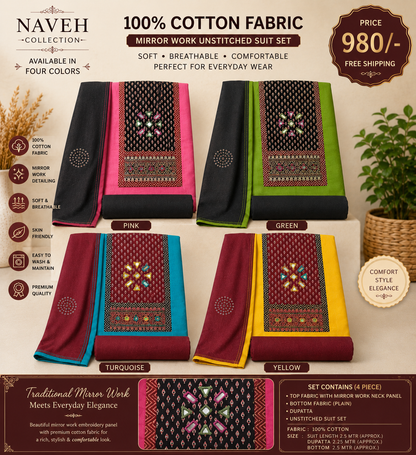 100% Cotton Mirror Work Unstitched Suit Set | Premium Cotton Dress Material with Dupatta | Available in 4 Colors