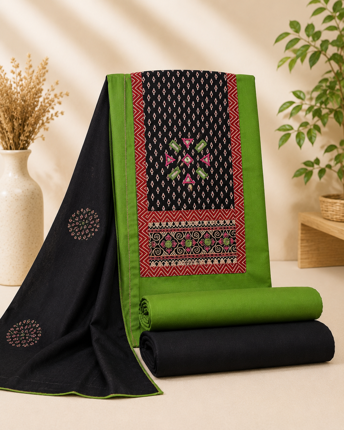 100% Cotton Mirror Work Unstitched Suit Set | Premium Cotton Dress Material with Dupatta | Available in 4 Colors