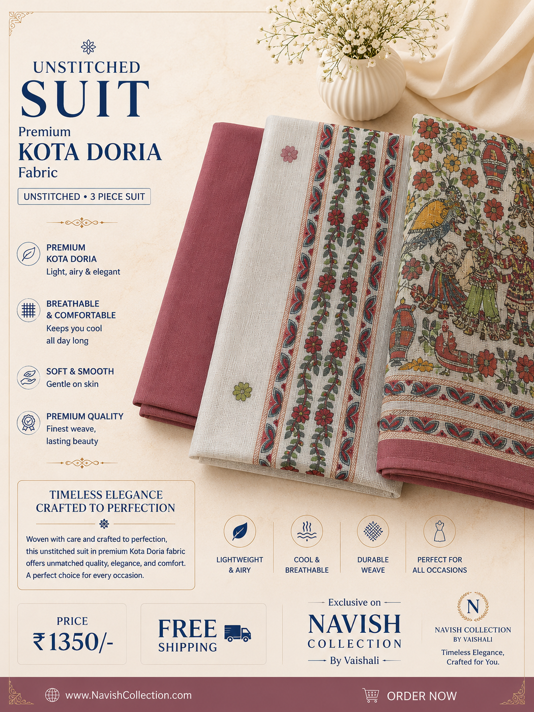 Royal Madhubani Kota Doria Unstitched 3 Piece Suit Set