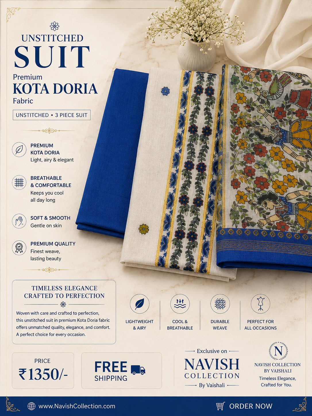 Royal Madhubani Kota Doria Unstitched 3 Piece Suit Set