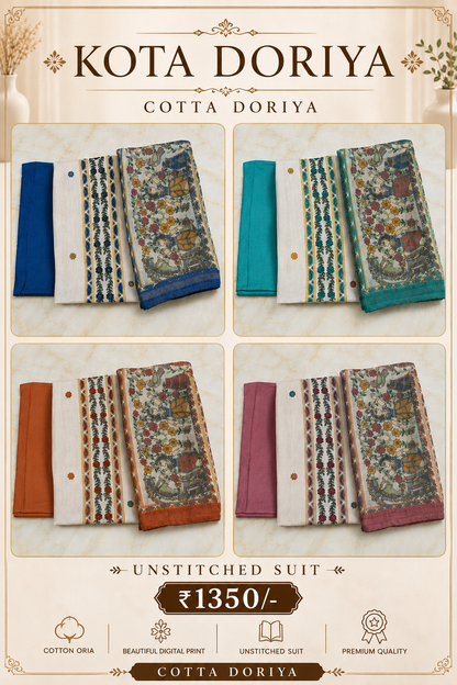 Royal Madhubani Kota Doria Unstitched 3 Piece Suit Set