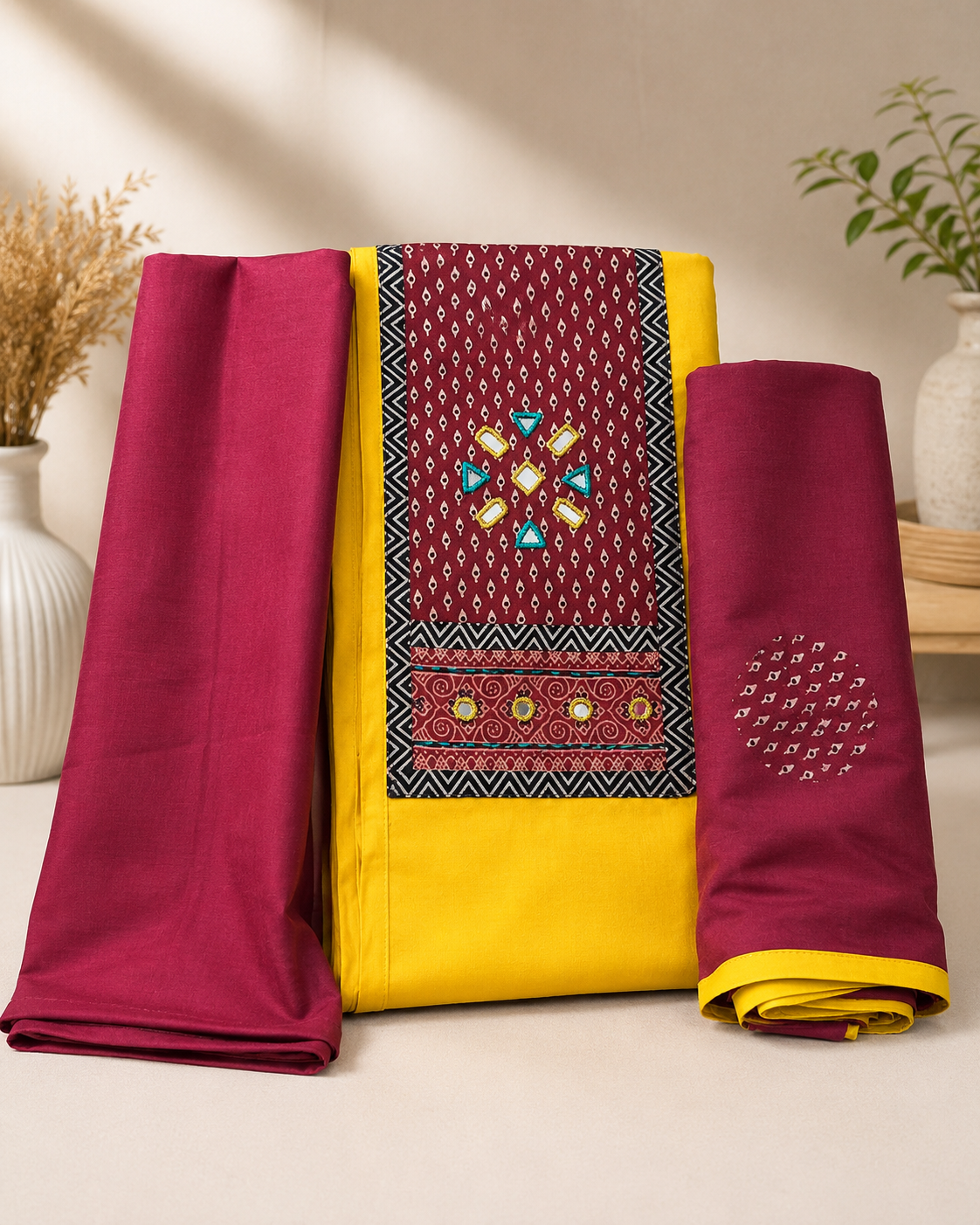 100% Cotton Mirror Work Unstitched Suit Set | Premium Cotton Dress Material with Dupatta | Available in 4 Colors
