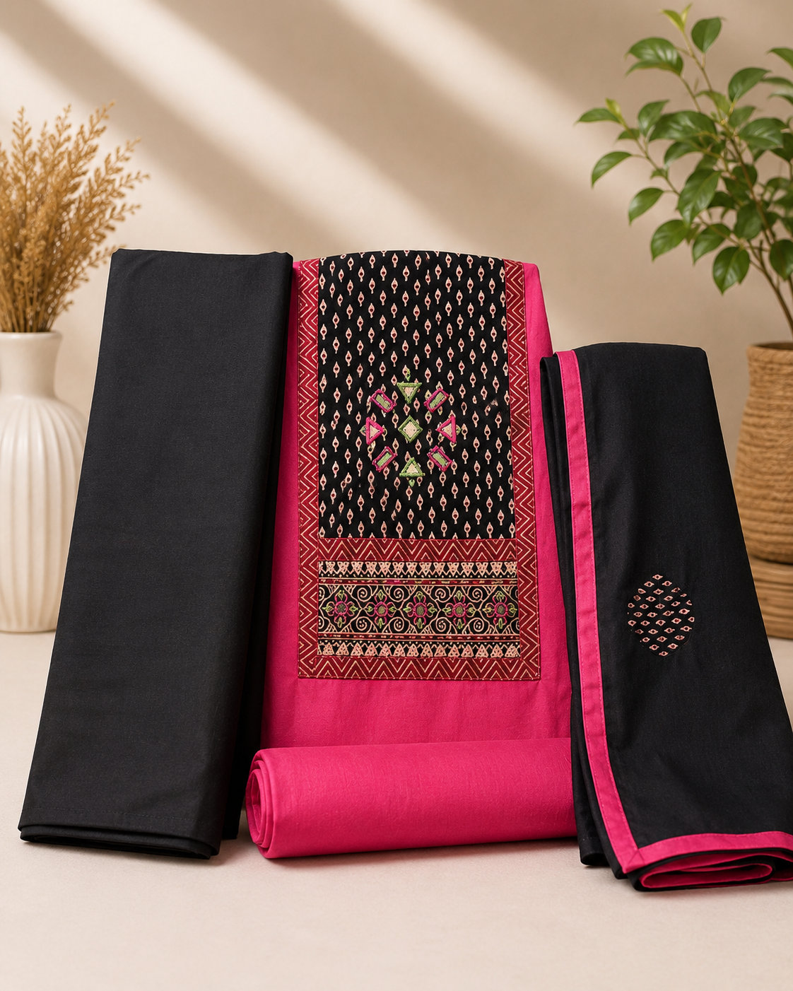 100% Cotton Mirror Work Unstitched Suit Set | Premium Cotton Dress Material with Dupatta | Available in 4 Colors